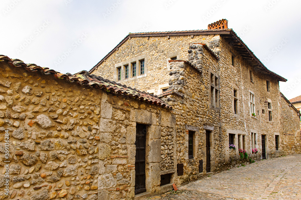 Perouges, France, a medieval walled town, a popular touristic attraction.