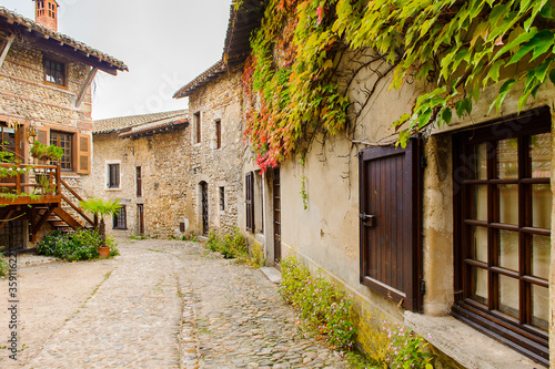 Architecture of Perouges, France, a medieval walled town, a popular touristic attraction.