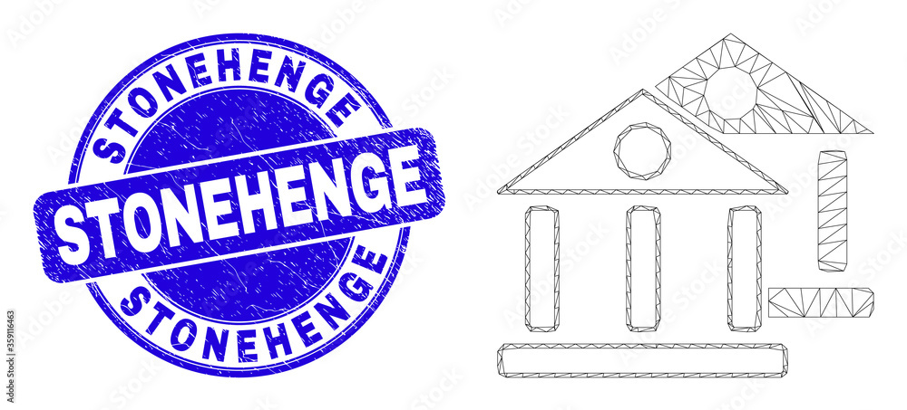 Obraz premium Web mesh museum buildings pictogram and Stonehenge stamp. Blue vector round grunge stamp with Stonehenge caption. Abstract carcass mesh polygonal model created from museum buildings pictogram.