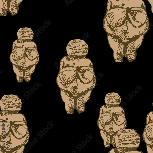 Seamless abstract pattern with silhouettes of Venus of Willendorf. Figurines of Paleolithic fertility goddess. Female archetype of Great Mother. Based on hand drawn sketch.