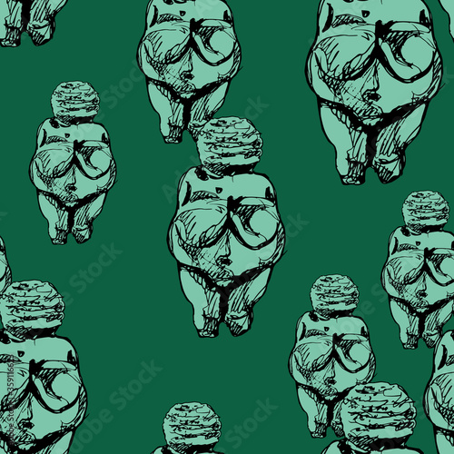 Seamless abstract pattern with silhouettes of Venus of Willendorf. Figurines of Paleolithic fertility goddess. Female archetype of Great Mother.
