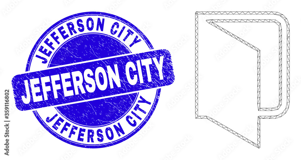 Obraz premium Web mesh open folder icon and Jefferson City seal stamp. Blue vector round distress seal with Jefferson City caption. Abstract frame mesh polygonal model created from open folder icon.
