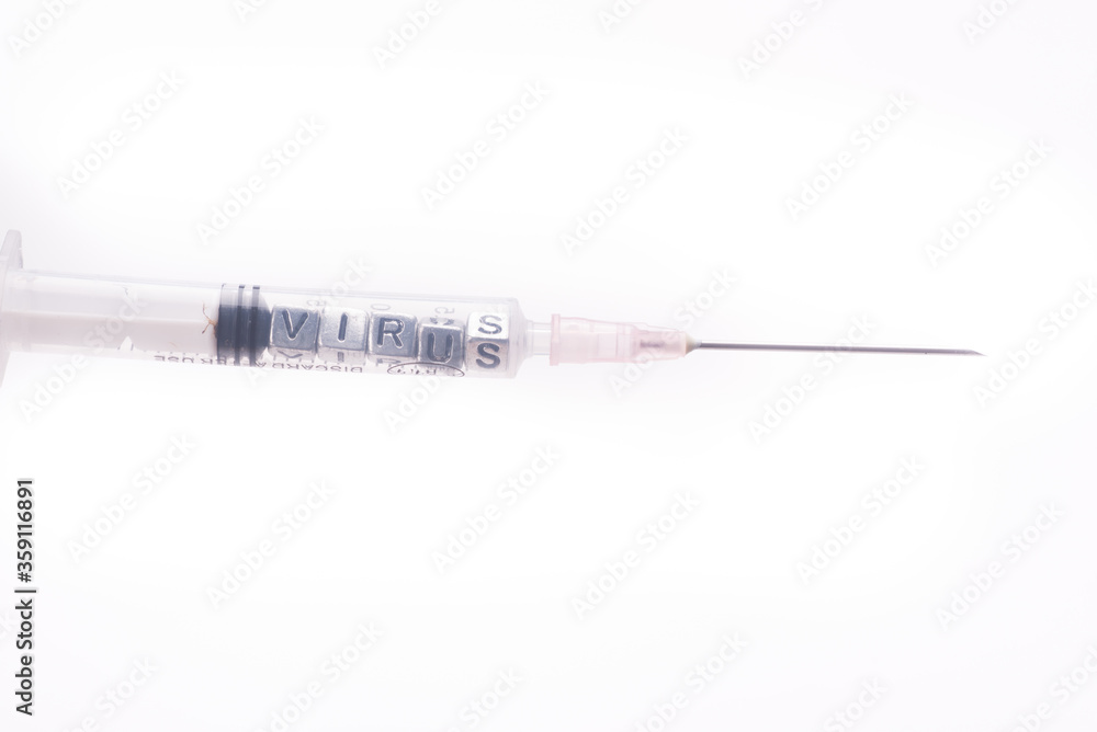 a syringe filled with the word virus isolated over white a syringe filled with the word virus isolated over white