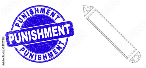 Web carcass pencil pictogram and Punishment seal. Blue vector rounded scratched seal with Punishment text. Abstract carcass mesh polygonal model created from pencil pictogram.