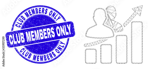 Web carcass people growing chart pictogram and Club Members Only seal. Blue vector round distress seal stamp with Club Members Only title.