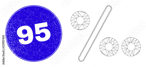 Web mesh per mille pictogram and 95 seal stamp. Blue vector round scratched seal stamp with 95 text. Abstract carcass mesh polygonal model created from per mille pictogram.