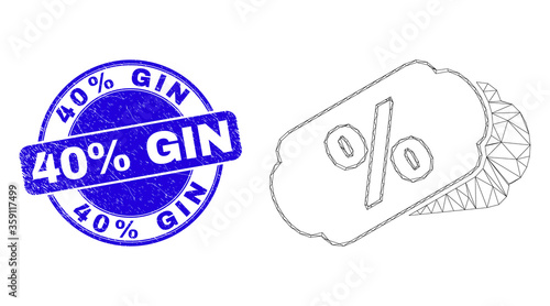 Web mesh percent tags pictogram and 40% Gin seal. Blue vector rounded grunge seal stamp with 40% Gin caption. Abstract frame mesh polygonal model created from percent tags pictogram.