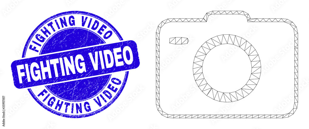 Web mesh photo camera icon and Fighting Video watermark. Blue vector round distress watermark with Fighting Video phrase. Abstract frame mesh polygonal model created from photo camera icon. Web mesh photo camera icon and Fighting Video watermark. Blue vector round distress watermark with Fighting Video phrase. Abstract frame mesh polygonal model created from photo camera icon.
