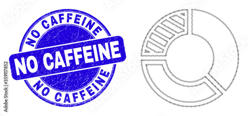 Web mesh pie chart pictogram and No Caffeine seal stamp. Blue vector round distress seal stamp with No Caffeine message. Abstract carcass mesh polygonal model created from pie chart pictogram.