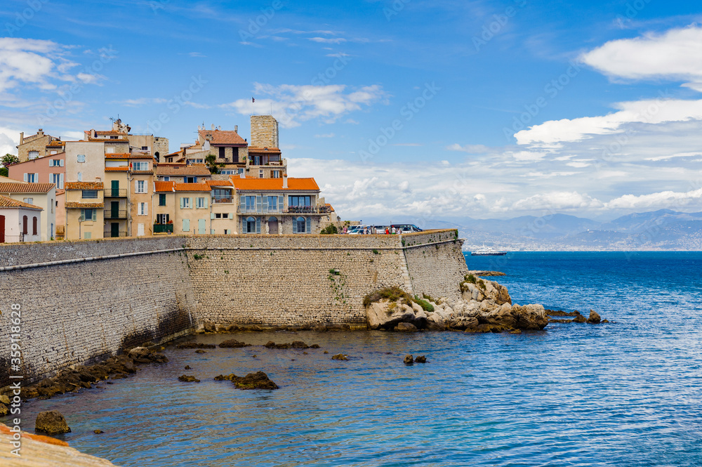 Naklejka premium It's Old town of Antibes on the rock of the Mediterranean, Cote d'Azur, France. Antibes was founded as a 5th-century BC Greek colony and was called Antipolis