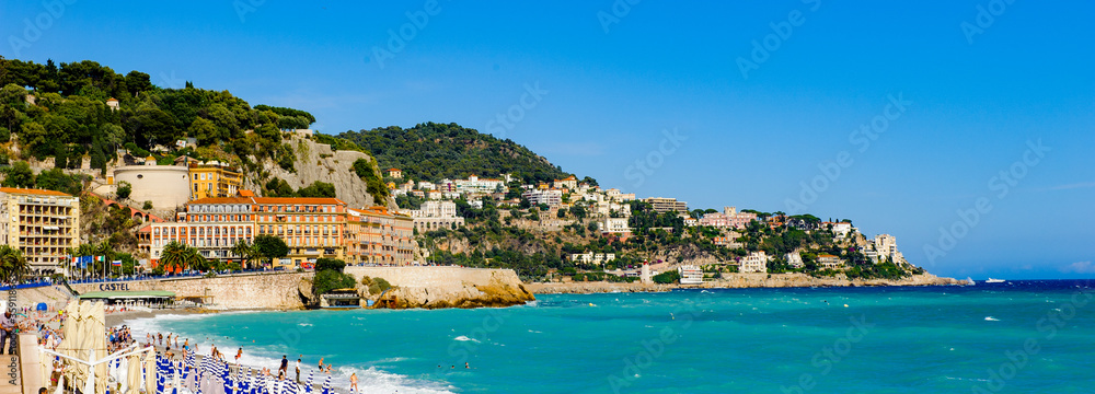 It's Beach of the Mediterranean sea, Cote d Azur, Nice, France. Nice is the capital of the Alpes Maritimes departement