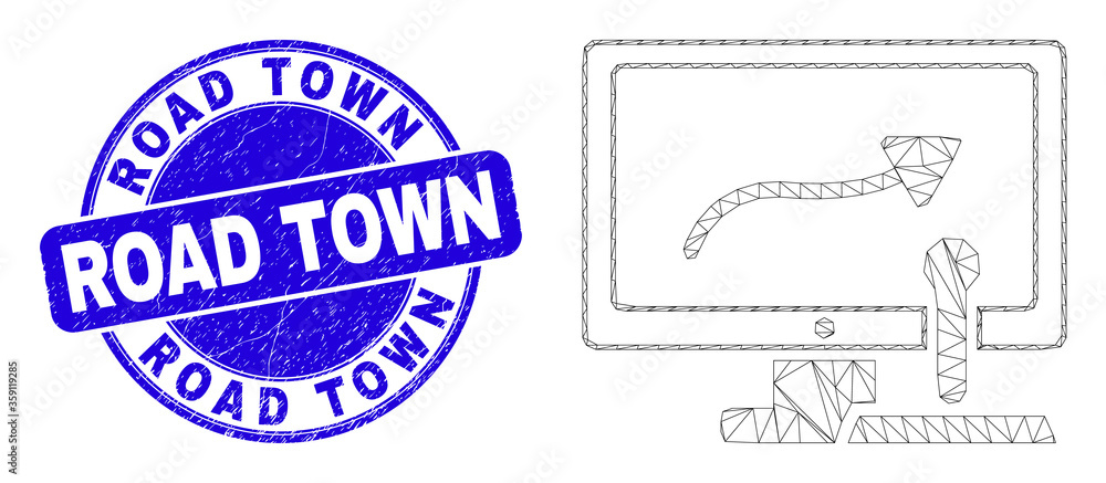 Web mesh remote control display pictogram and Road Town stamp. Blue vector round grunge seal with Road Town title. Abstract frame mesh polygonal model created from remote control display pictogram.
