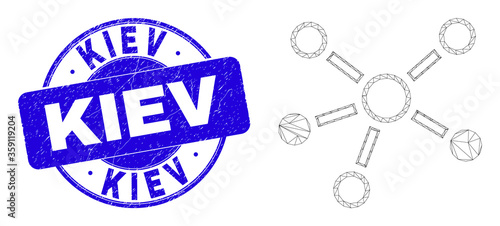 Web carcass relations icon and Kiev stamp. Blue vector rounded textured stamp with Kiev title. Abstract frame mesh polygonal model created from relations icon. Wire frame flat mesh in vector format.