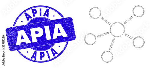 Web carcass relations icon and Apia seal stamp. Blue vector rounded scratched stamp with Apia message. Abstract carcass mesh polygonal model created from relations pictogram.