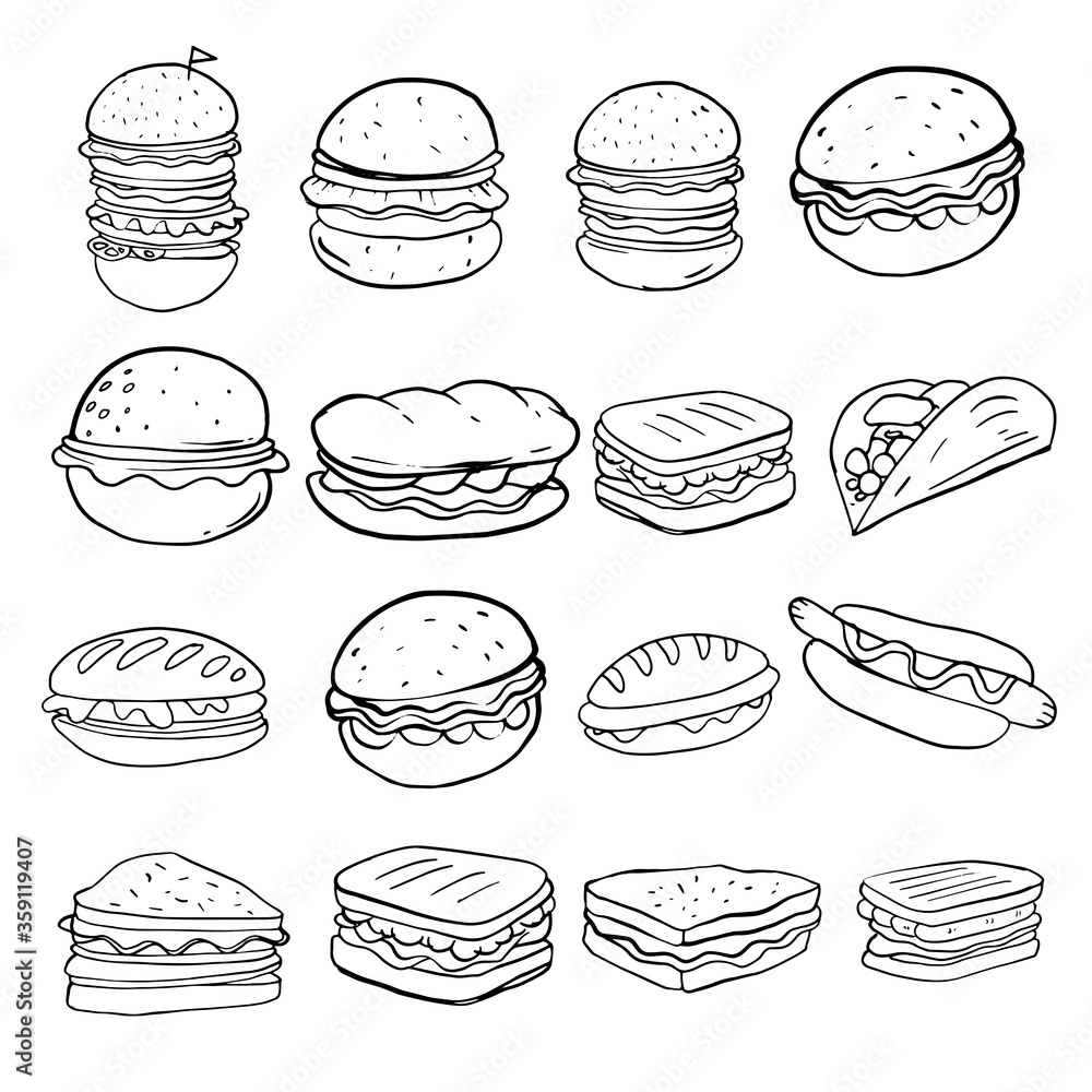 Set of hand drawn food isolated on white background, doodle set of fast food. Vector illustration Set of hand drawn food isolated on white background, doodle set of fast food. Vector illustration