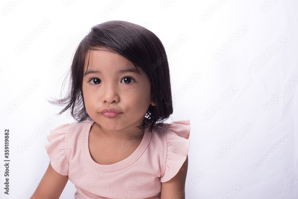 An asian child, with black hair wearing pink dress,showing various expression An asian child, with black hair wearing pink dress,showing various expression