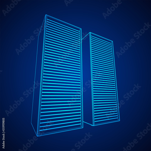 Data center storage room object. Hardware equipment telecommunication server. Computer database tower. Internet industry cluster. Wireframe low poly mesh 3d render illustration