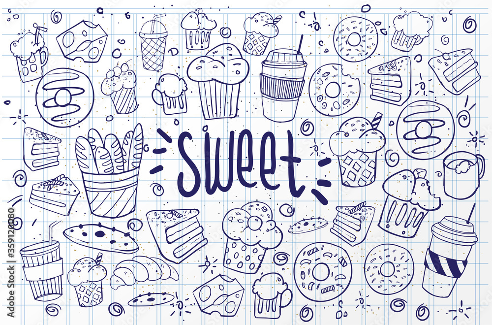 Set of drawings on the theme cakes. Cakes, pies, bread, biscuits and other confectionery products. vector illustration