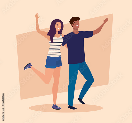 happy characters, young woman with man, friendship excitement, cheerful laughing from happiness vector illustration design