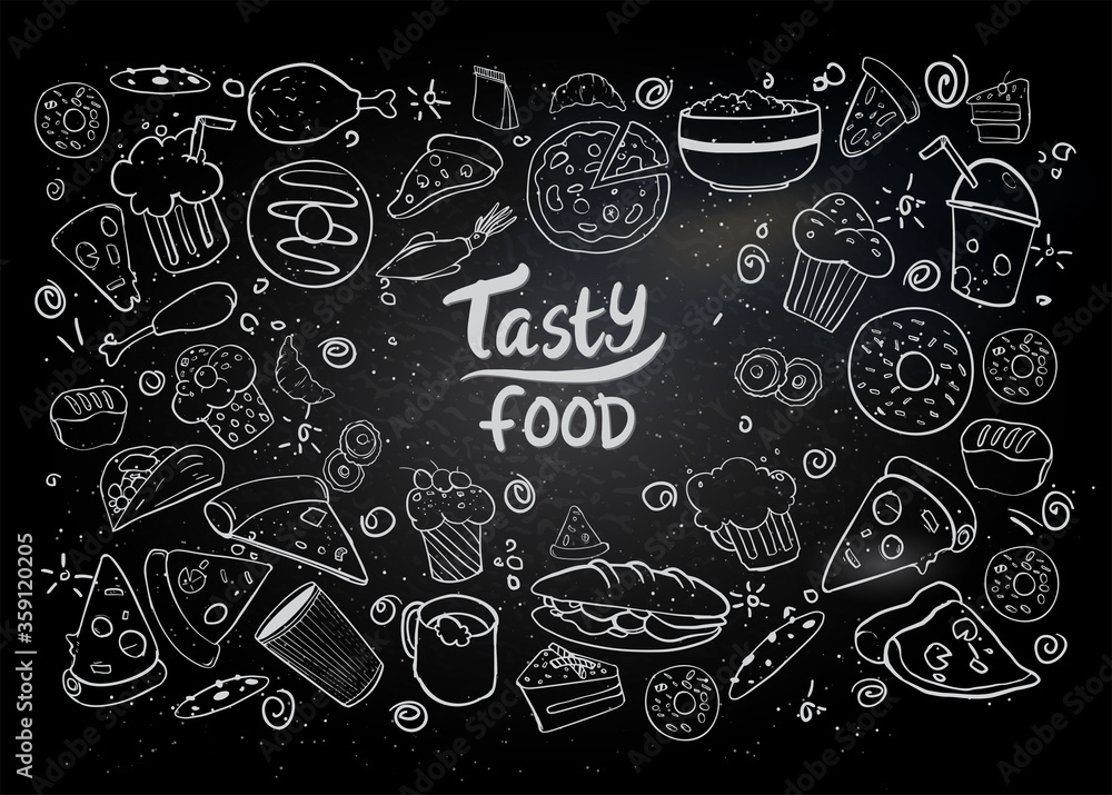 Set of hand drawn food isolated on black background, doodle set of fast food. Vector illustration Set of hand drawn food isolated on black background, doodle set of fast food. Vector illustration
