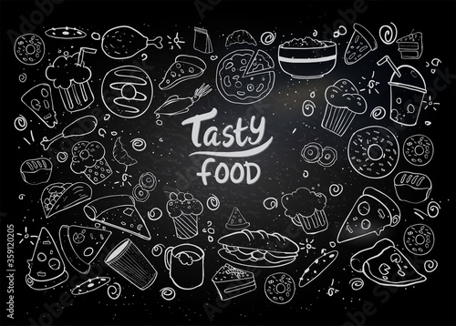 Set of hand drawn food isolated on black background, doodle set of fast food. Vector illustration