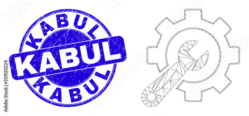 Web mesh service tools icon and Kabul seal. Blue vector rounded distress seal stamp with Kabul text. Abstract carcass mesh polygonal model created from service tools icon.