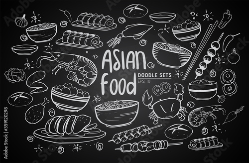 Cartoon cute hand drawn Japan food seamless pattern. Line art with lots of objects background. Endless funny vector illustration. Sketchy backdrop with asian cuisine symbols and items