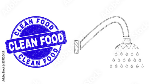 Web mesh shower icon and Clean Food seal. Blue vector rounded textured seal with Clean Food phrase. Abstract frame mesh polygonal model created from shower icon.