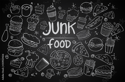 Set of hand drawn food isolated on black background, doodle set of fast food. Vector illustration