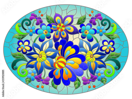 Illustration in stained glass style with bright abstract flowers and leaves on yellow background, oval image