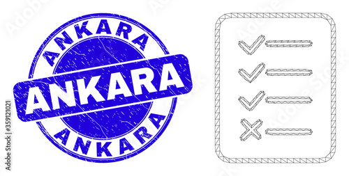 Web mesh task list page pictogram and Ankara stamp. Blue vector rounded textured seal stamp with Ankara message. Abstract carcass mesh polygonal model created from task list page pictogram.