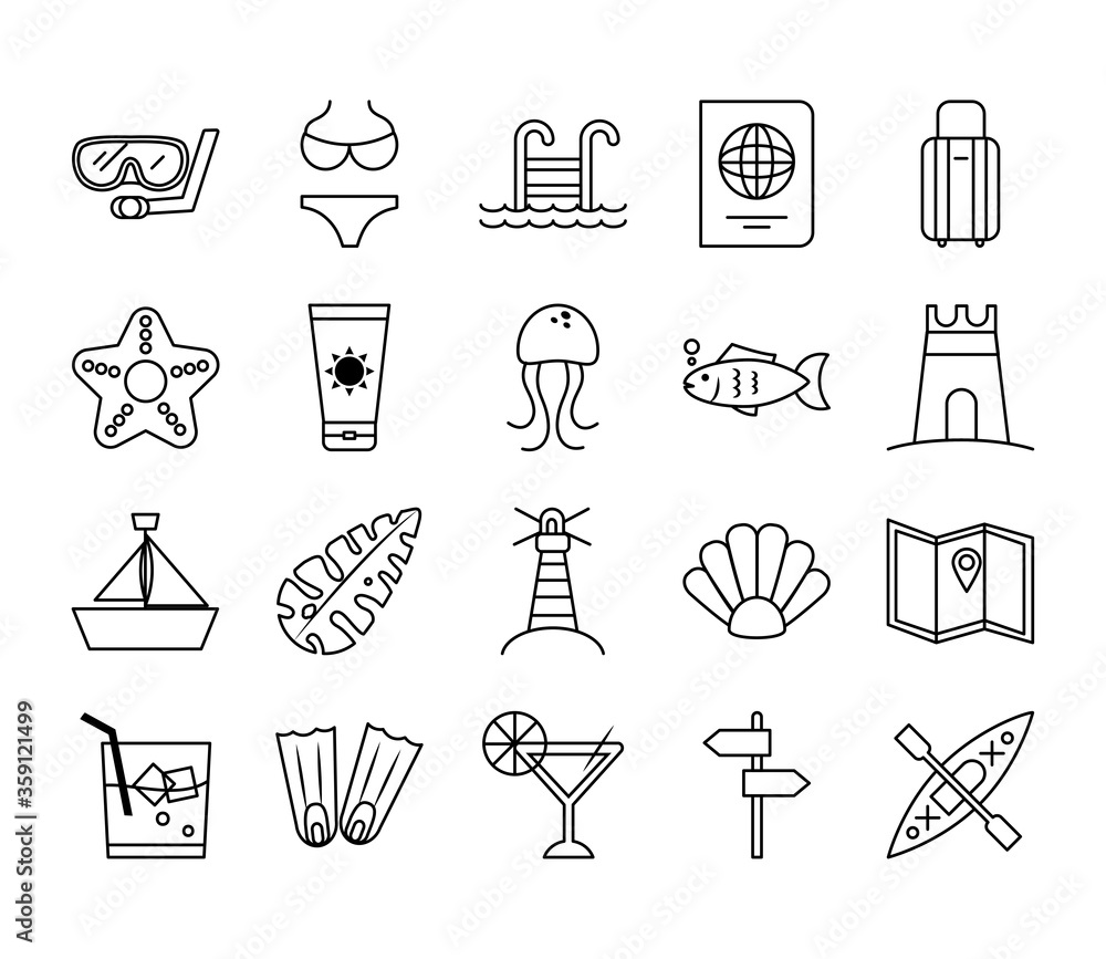 Fototapeta premium Summer line style icon set vector design