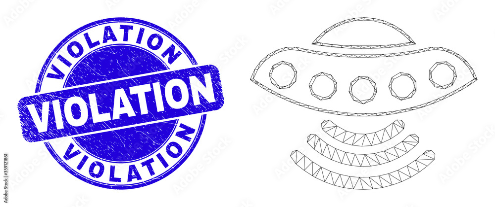 Web mesh UFO pictogram and Violation seal stamp. Blue vector rounded distress stamp with Violation message. Abstract carcass mesh polygonal model created from UFO pictogram.