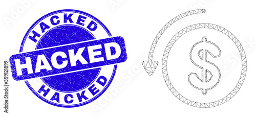 Web mesh undo payment pictogram and Hacked watermark. Blue vector rounded scratched watermark with Hacked title. Abstract carcass mesh polygonal model created from undo payment pictogram.