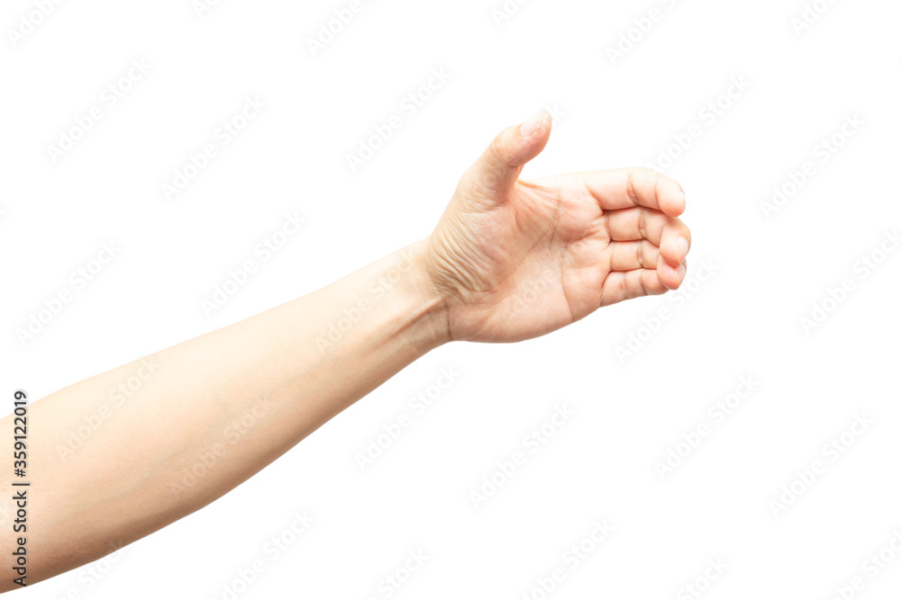 Male hand gesture with holding virtual a bottle, smartphone or something isolated on white background Male hand gesture with holding virtual a bottle, smartphone or something isolated on white background