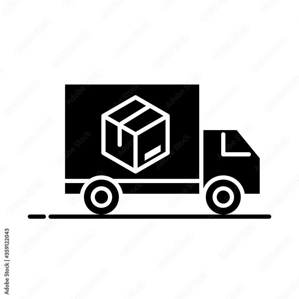 delivery packaging, truck transport cardboard box cargo distribution, logistic shipment of goods silhouette style icon