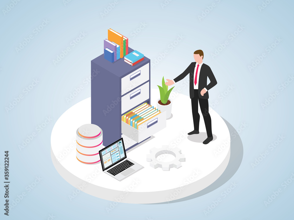 Men wearing suits show files neatly arranged in cabinet and connected computer flat cartoon style Men wearing suits show files neatly arranged in cabinet and connected computer flat cartoon style