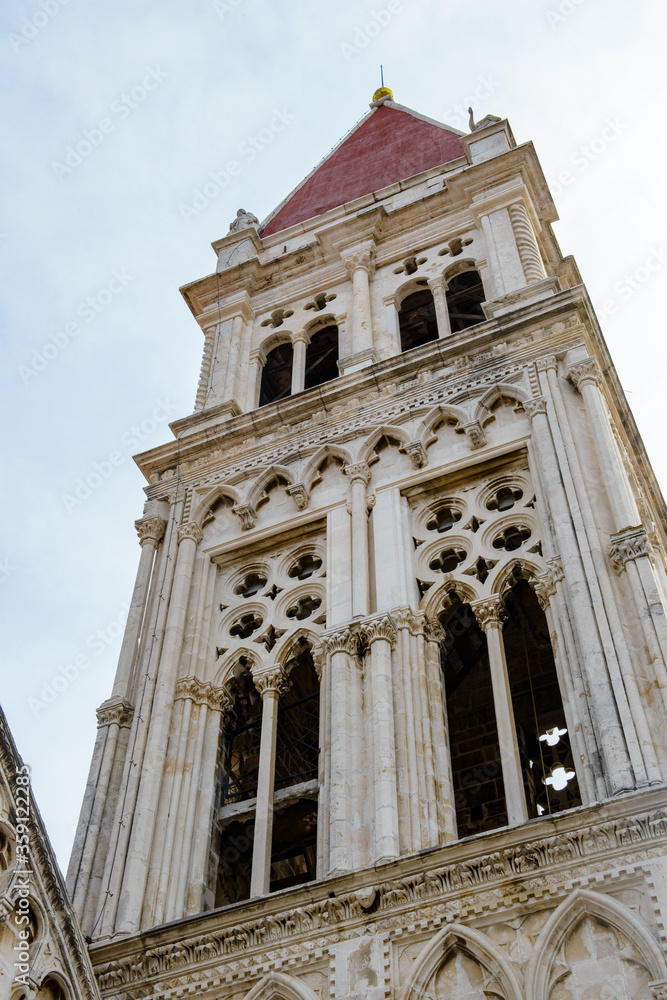 It's Bell tower of the Cathedral of St. Lawrence (Katedrala Sv. Lovre), a Roman Catholic triple-naved basilica constructed in Romanesque-Gothic in Trogir, Croatia. UNESCO World heritage