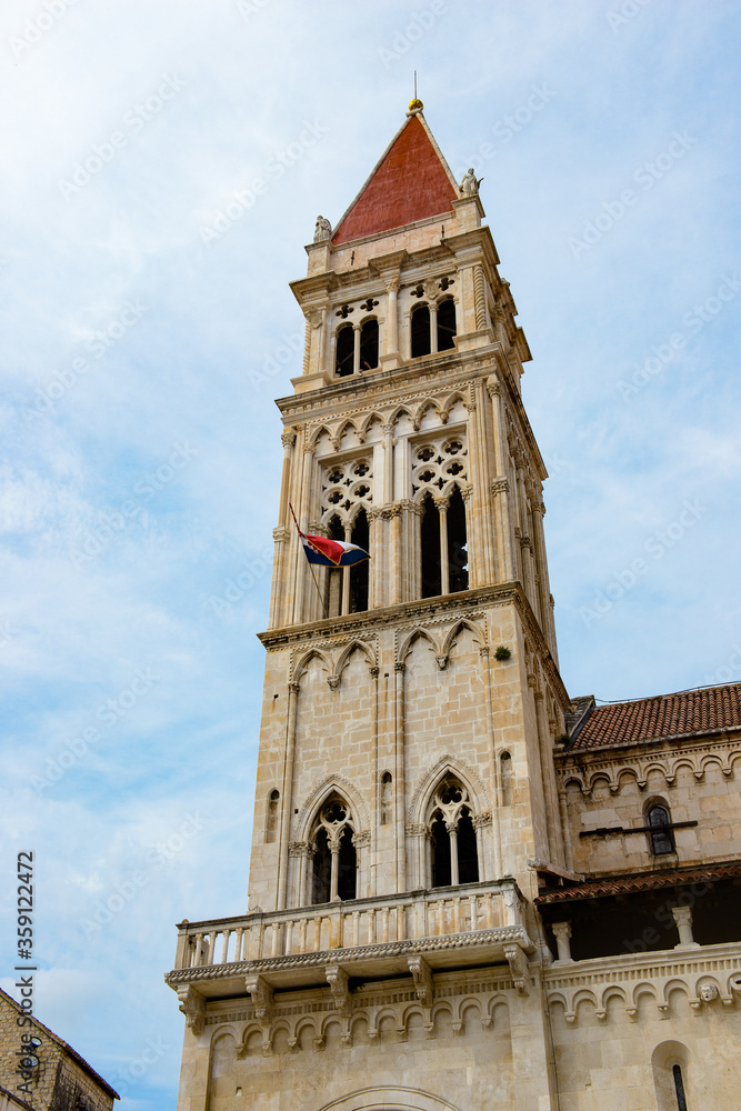 It's Bell tower of the Cathedral of St. Lawrence (Katedrala Sv. Lovre), a Roman Catholic triple-naved basilica constructed in Romanesque-Gothic in Trogir, Croatia. UNESCO World heritage