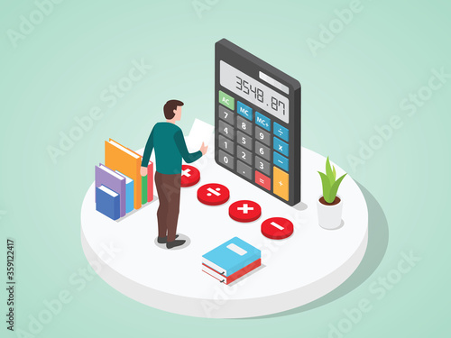 Men analyzing business investments using calculator flat cartoon style.