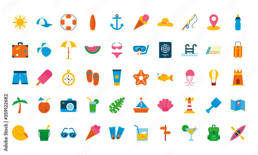 Fototapeta premium Summer flat style icon set vector design