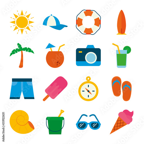 Summer flat style icon set vector design