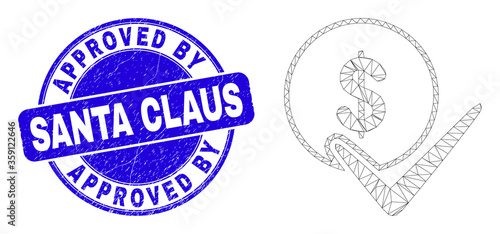 Web carcass valid dollar coin pictogram and Approved By Santa Claus seal stamp. Blue vector rounded grunge watermark with Approved By Santa Claus message.