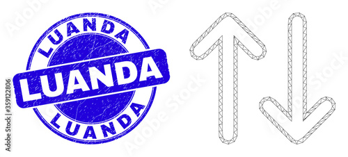 Web carcass vertical exchange arrows pictogram and Luanda seal stamp. Blue vector round textured stamp with Luanda message.