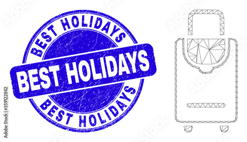 Web carcass voyage luggage pictogram and Best Holidays seal stamp. Blue vector round grunge seal stamp with Best Holidays text. Abstract frame mesh polygonal model created from voyage luggage icon.