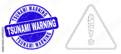 Web mesh warning pictogram and Tsunami Warning seal stamp. Blue vector round scratched seal stamp with Tsunami Warning phrase. Abstract frame mesh polygonal model created from warning pictogram.