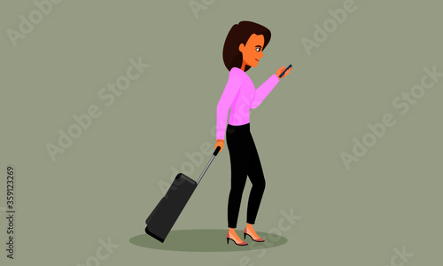 Cartoon character female travel with luggage and passport on the way to airport.Traveling woman with drag bag.