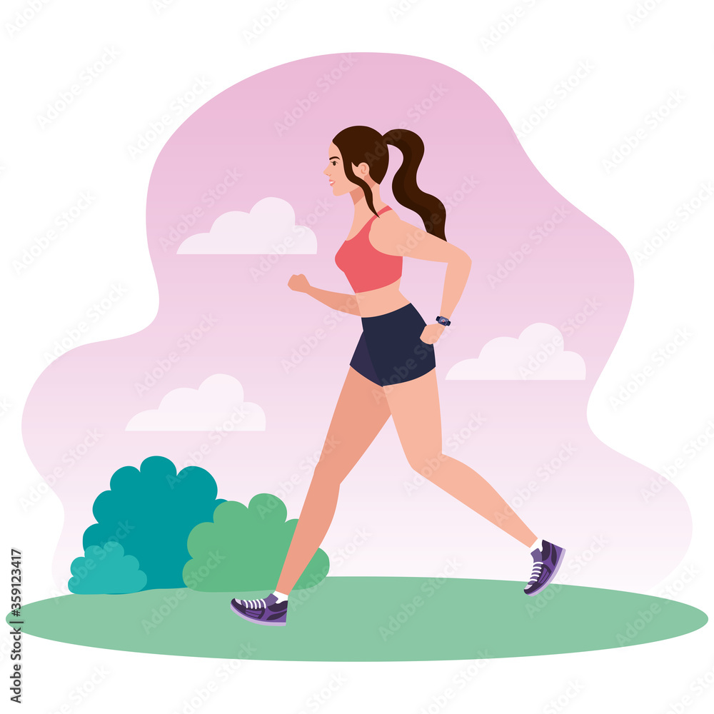 woman running in landscape, woman in sportswear jogging, female athlete, sporty person vector illustration design woman running in landscape, woman in sportswear jogging, female athlete, sporty person vector illustration design
