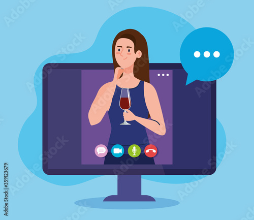 online party, woman have online party in quarantine, video conference, party web camera online holiday vector illustration design