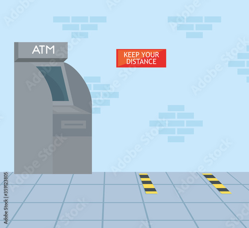 social distancing and coronavirus covid 19 prevention, maintain a safe distance when using atm vector illustration design